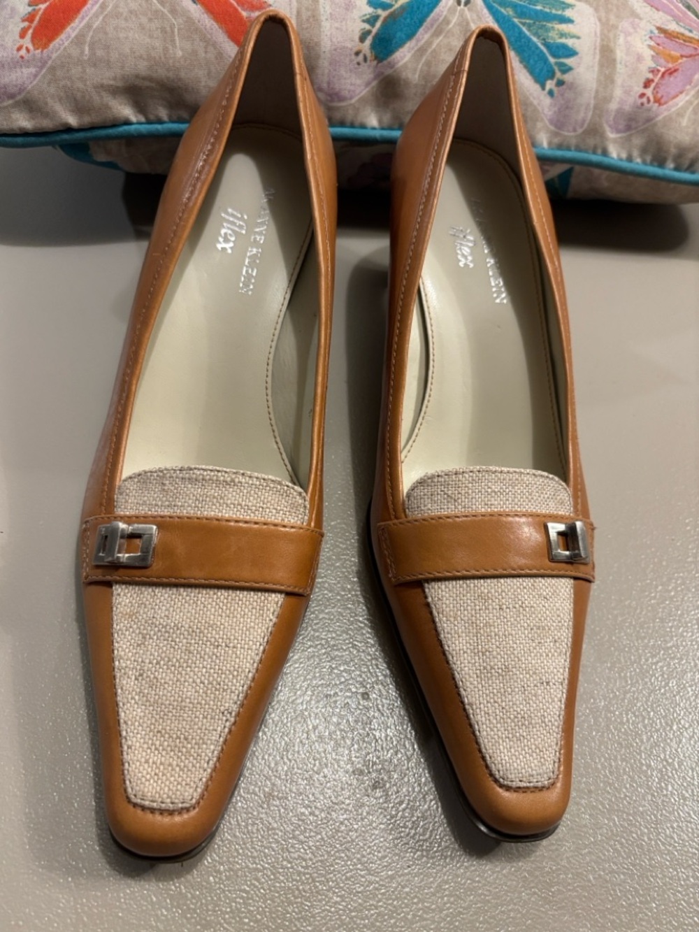 Anne Klein Vintage New Tan Leather and Beige Linen-Textured Pointed Loafers